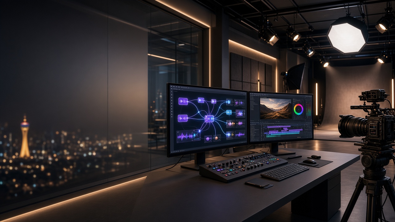 Advanced technology in a video production studio with AI tools enhancing workflow efficiency