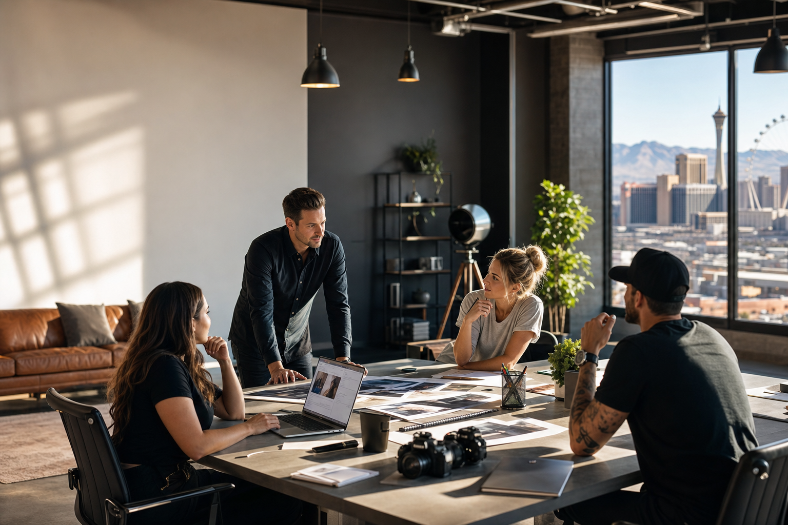 Hybrid marketing agency team collaborating on strategy development in a creative workspace