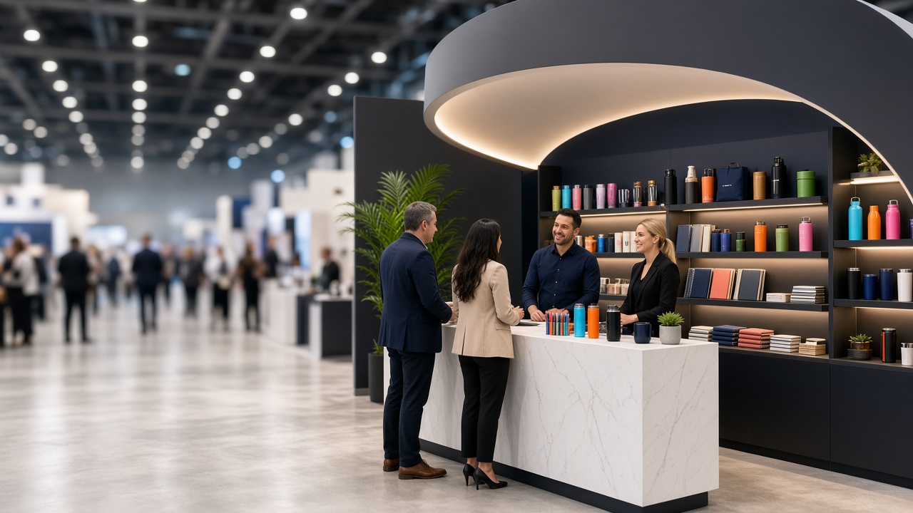 Branded merchandise supplier booth with personalized promotional products display at PPAI Expo Las Vegas