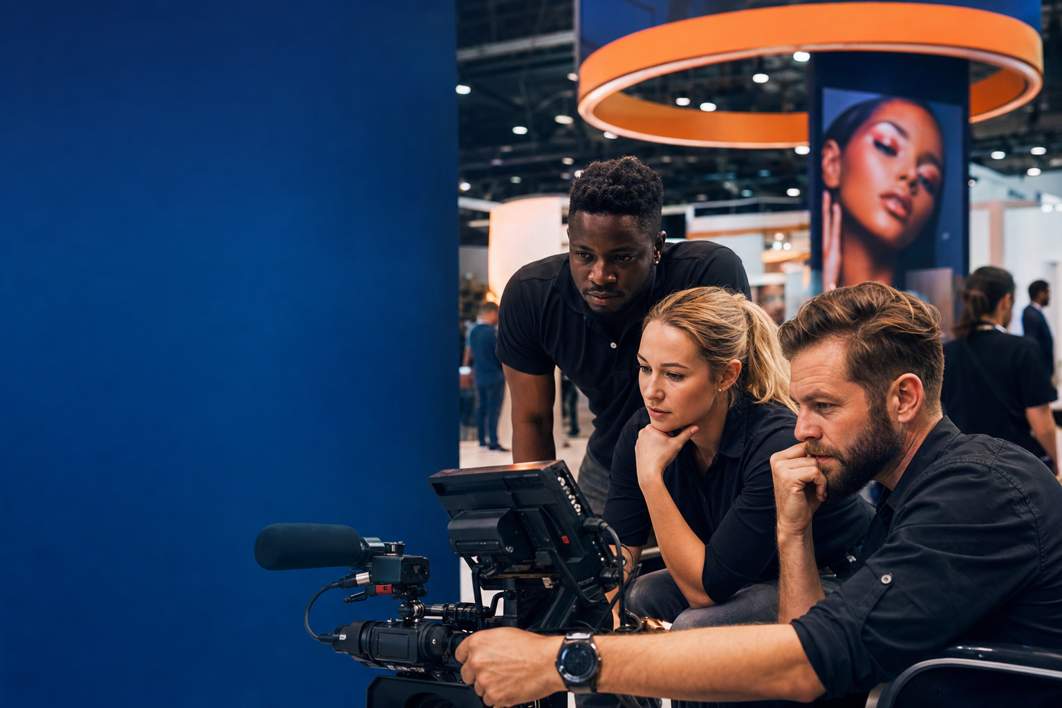Professional video production team reviewing footage at a Cosmoprof beauty trade show booth in Las Vegas