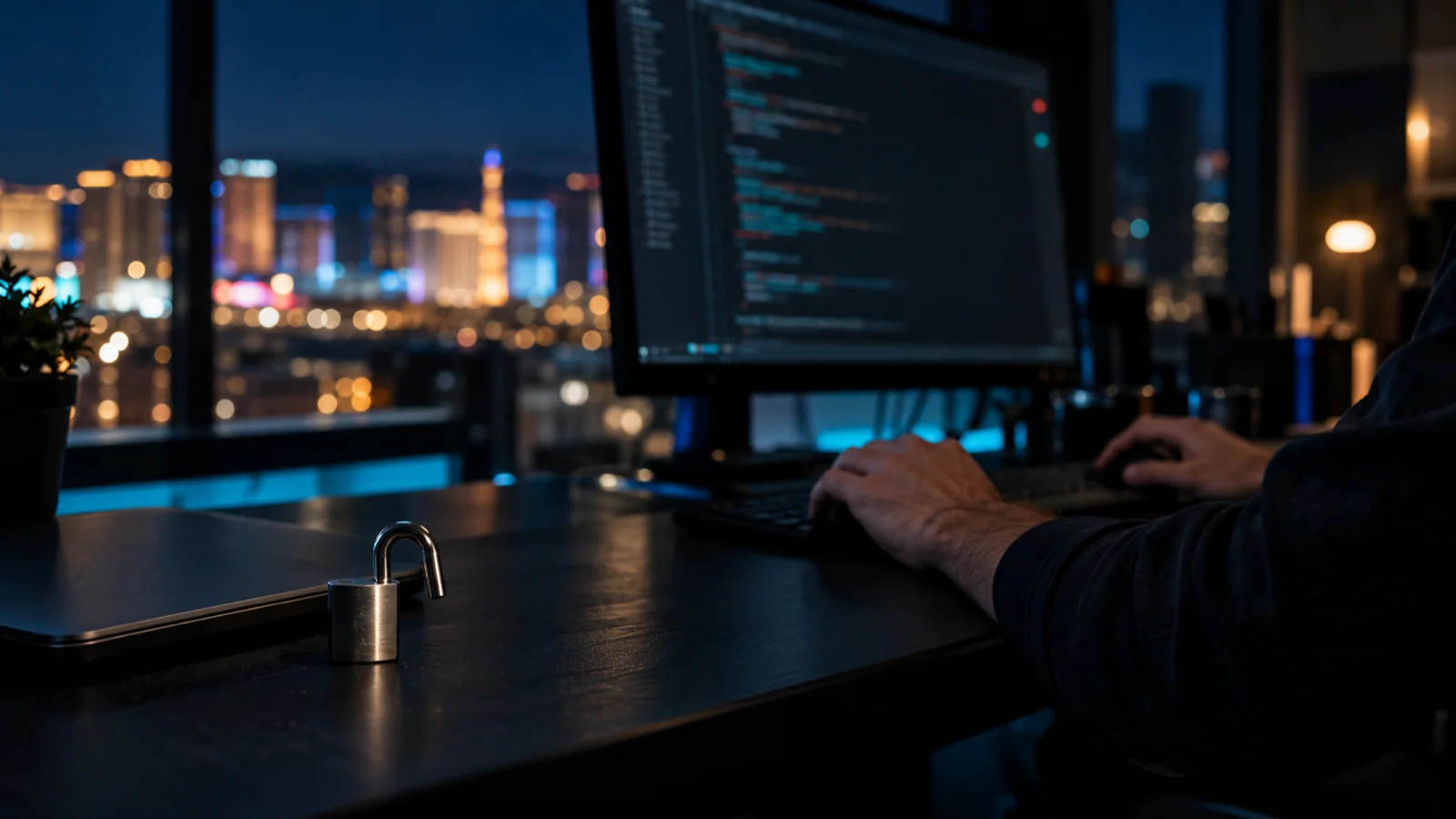 Web engineer reviewing a security patch in a dark code editor at a Las Vegas agency office at night, with an open padlock on the desk beside a closed laptop