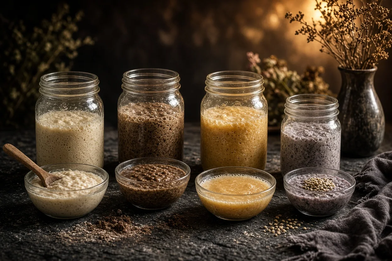 Four glass jars of bubbling mixtures stand behind bowls of grains and blended foods on a rustic, warmly lit table.
