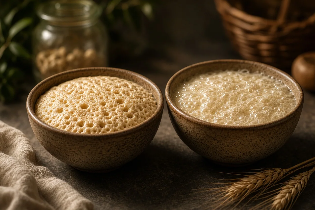 Two rustic bowls filled with frothy beverages sit on a dark table beside wheat stalks, cloth, jars, and a woven basket.