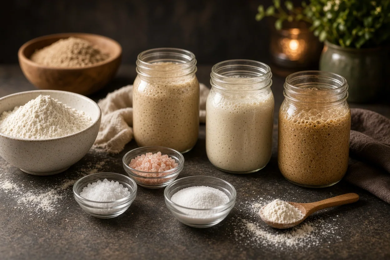 Three glass jars of bubbling sourdough starter sit on a rustic countertop beside bowls of flour, salt, and a spoonful of flour.