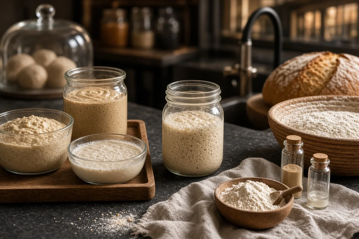 Jars and bowls of sourdough starter and flour sit on a rustic kitchen counter beside a freshly baked loaf.