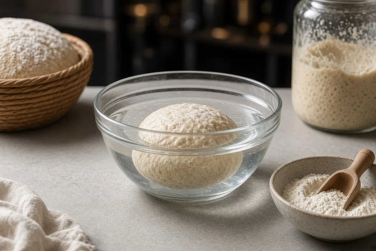A rounded ball of dough rests in a glass bowl on a kitchen counter beside a jar of bubbly starter and flour.