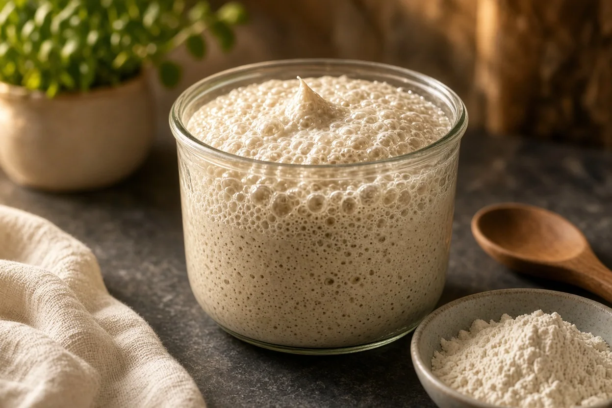 A glass jar of bubbly sourdough starter sits on a countertop beside a bowl of flour and a wooden spoon.