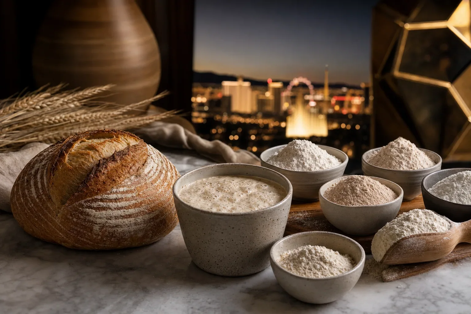 Freshly baked bread and bowls of flour sit on a table before a nighttime city skyline visible through the window.