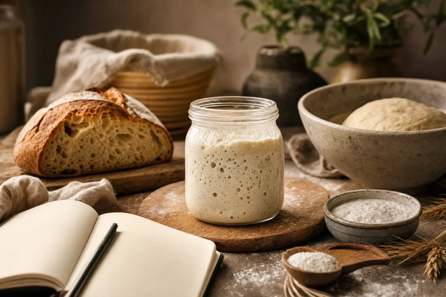 A jar of bubbly sourdough starter sits on a wooden board beside sliced bread, dough, flour, and baking tools.