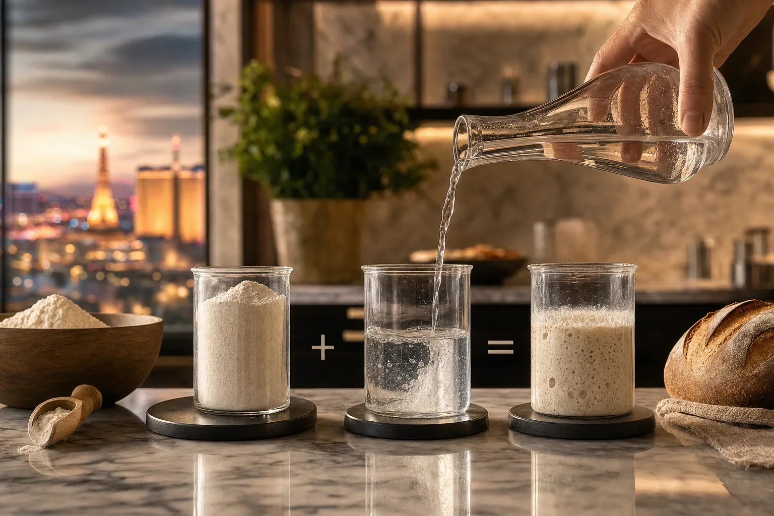 A hand pours water into a glass between flour and a foamy mixture, illustrating bread-making with a loaf nearby.