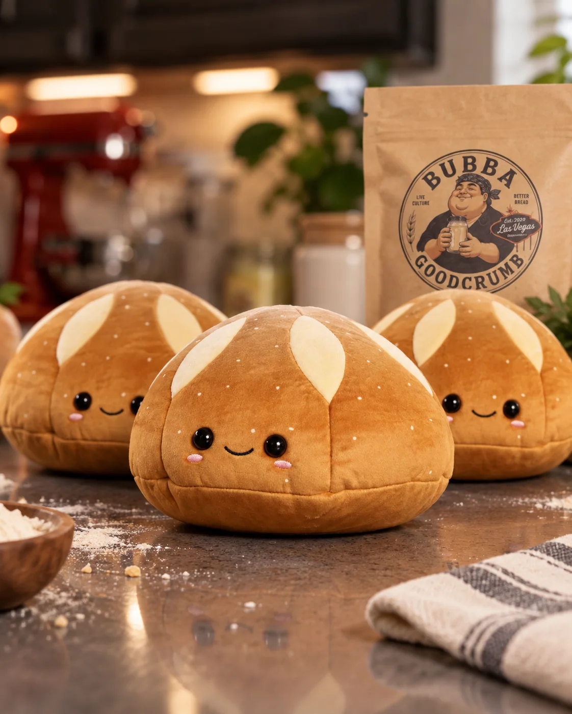 Three smiling plush bread rolls sit on a kitchen counter beside a Goodcrumb bakery bag, flour, and a folded towel.