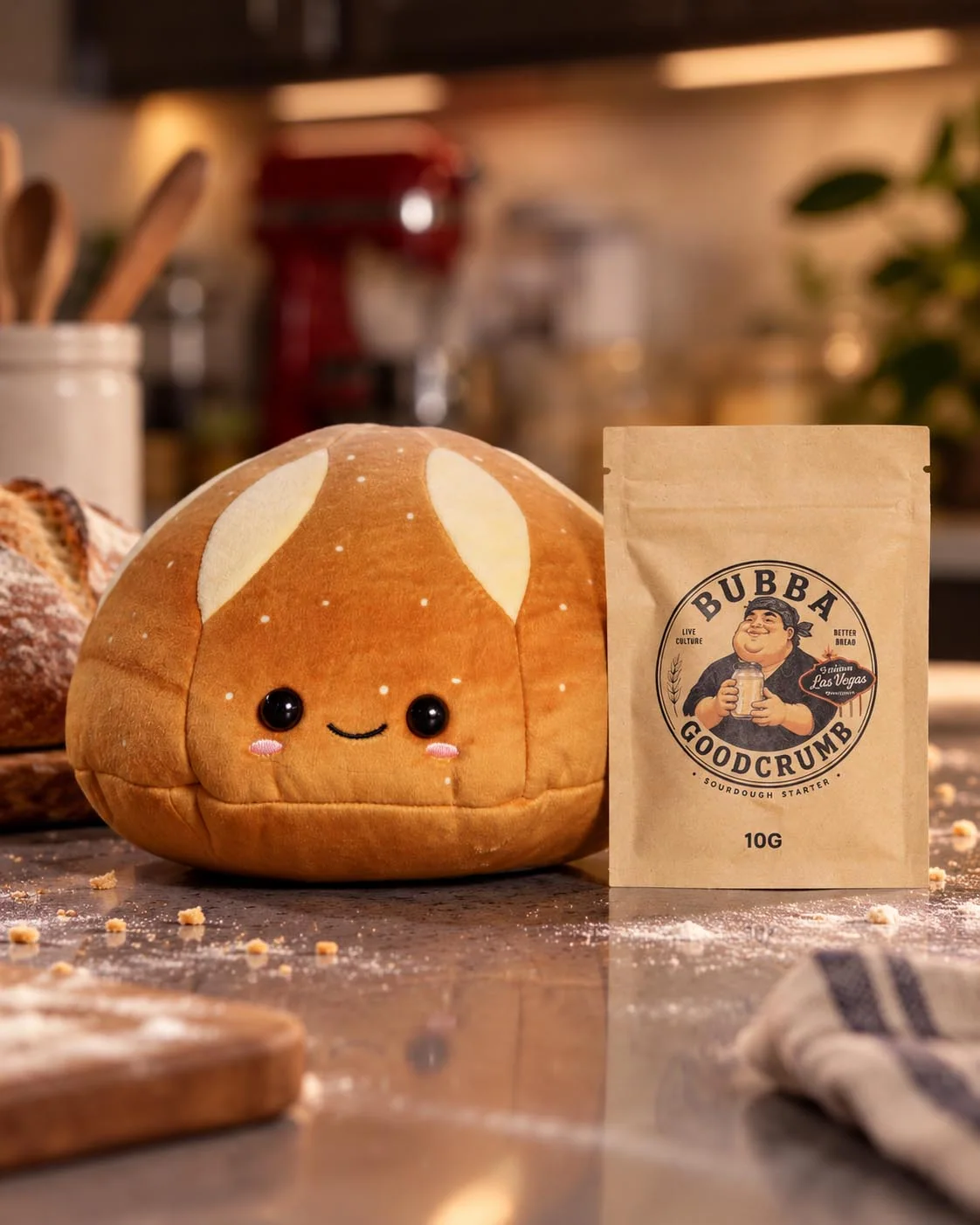 A smiling stuffed bread character sits beside a Bubba Breadcrumbs 10G bag on a flour-dusted kitchen counter.