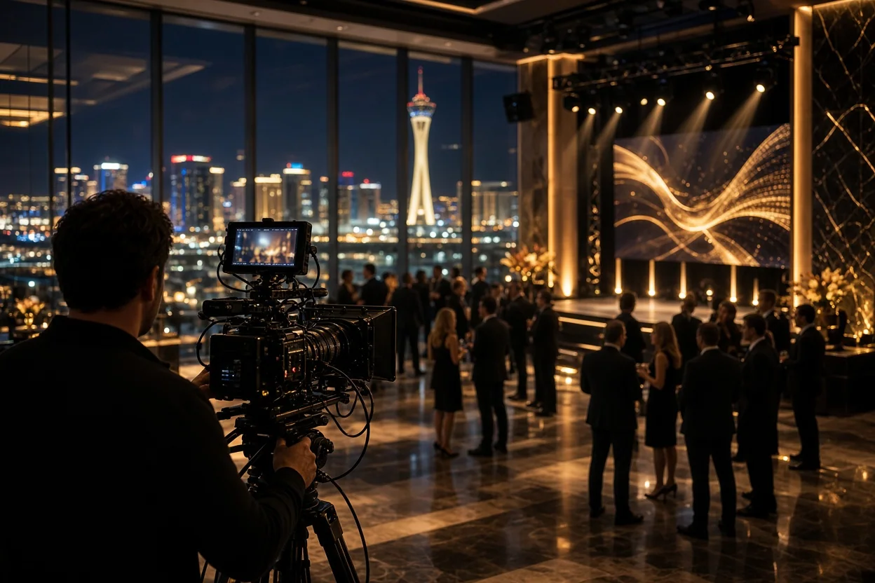 A camera operator films a gala inside a glass-walled venue, with a city skyline and illuminated stage visible beyond.