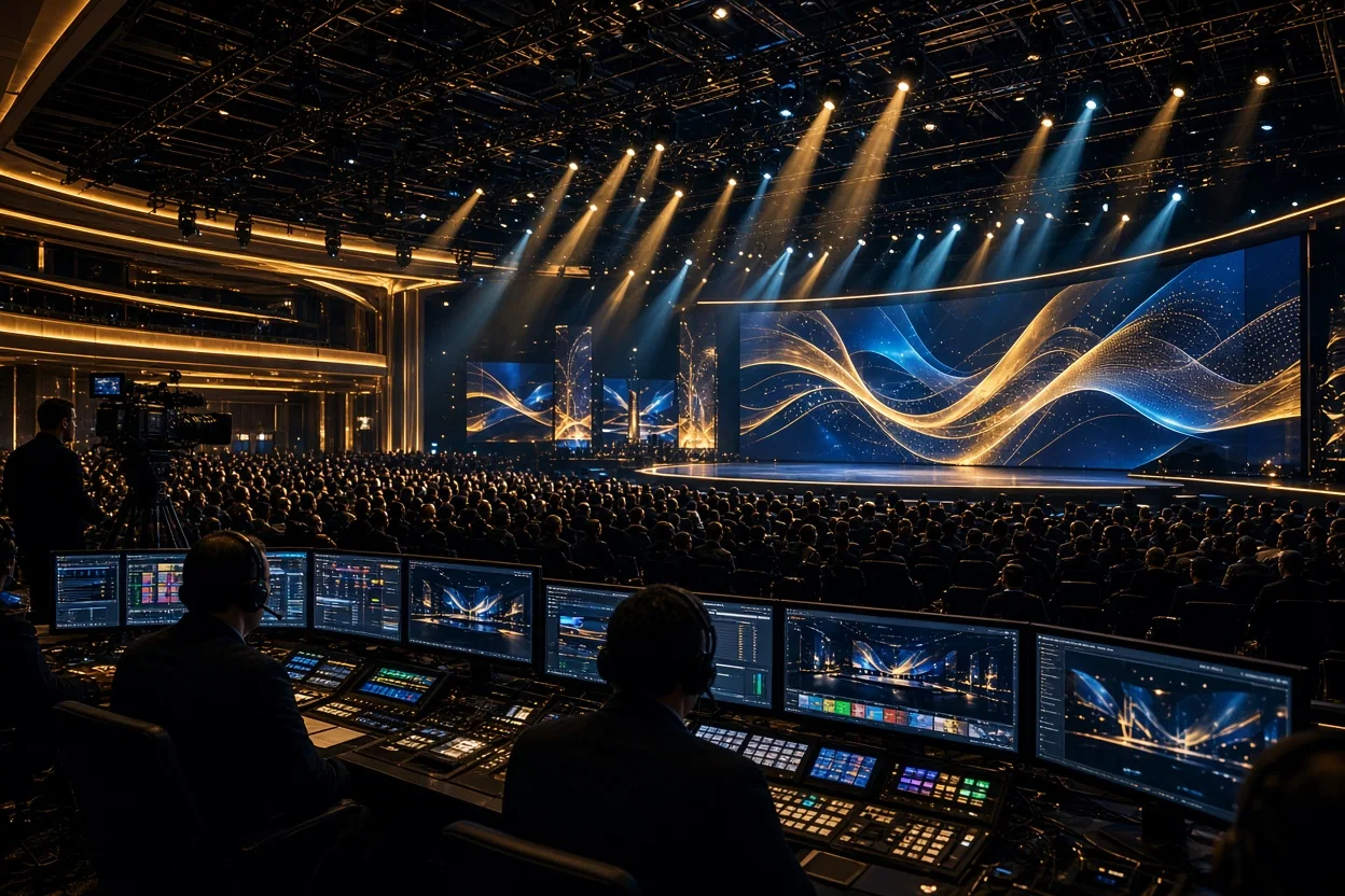 A large audience watches a brightly lit stage with sweeping wave graphics while technicians operate production consoles in the foreground.