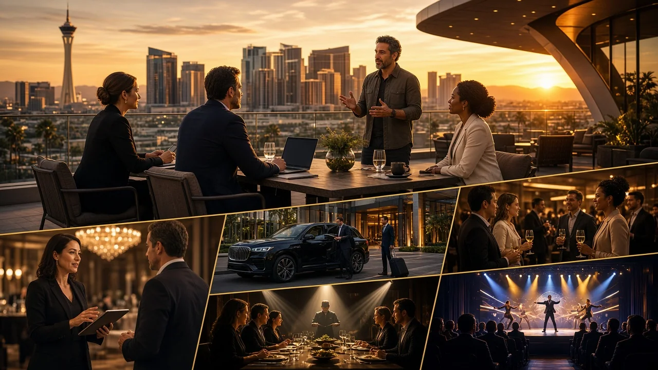 A collage shows professionals meeting on a rooftop, networking indoors, dining together, viewing a stage performance, and a car below a skyline.