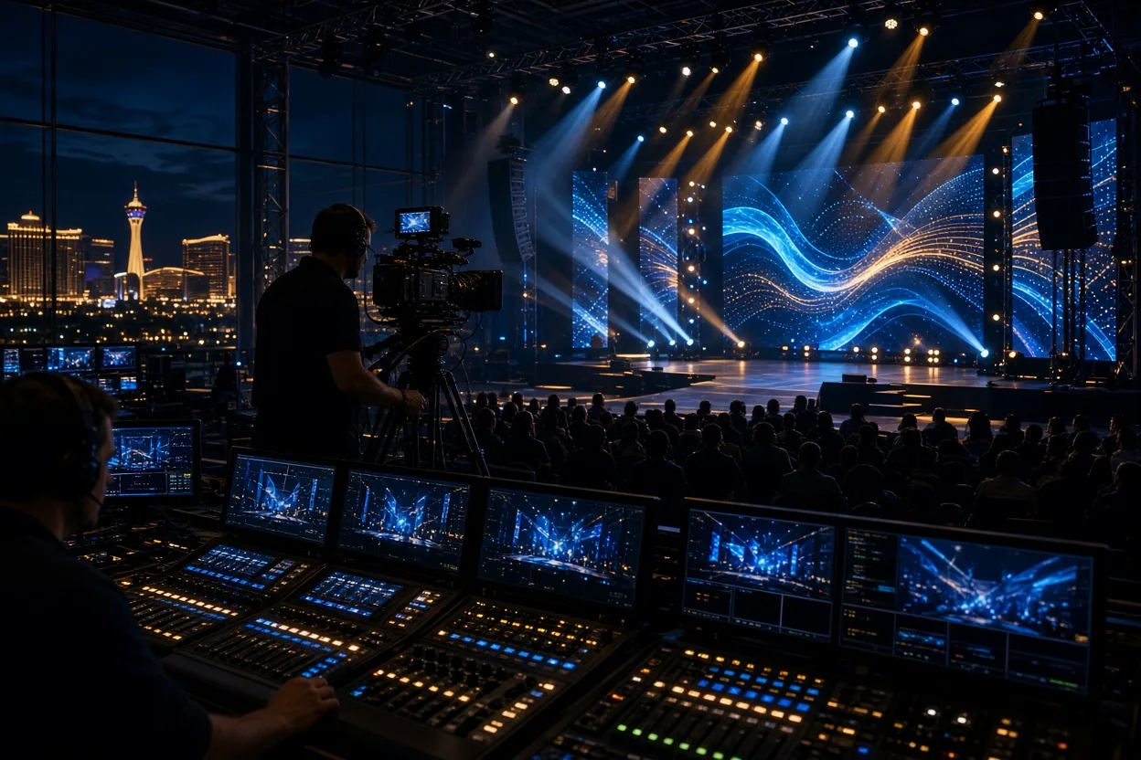 An illuminated event stage displays blue wave graphics before an audience while technicians operate production equipment overlooking a city skyline.