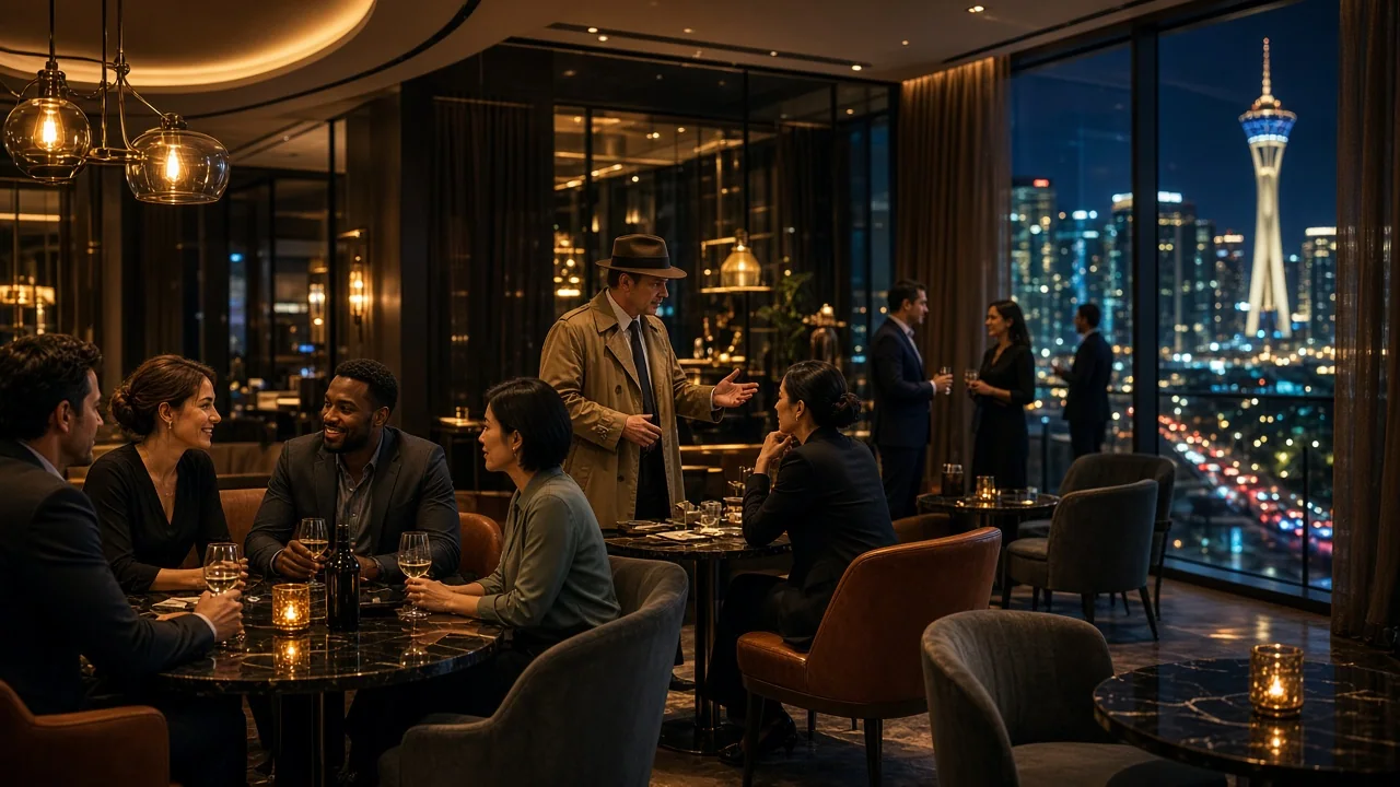 Diners converse over drinks in an elegant restaurant as a server stands nearby, with a brightly lit observation tower visible through the windows.
