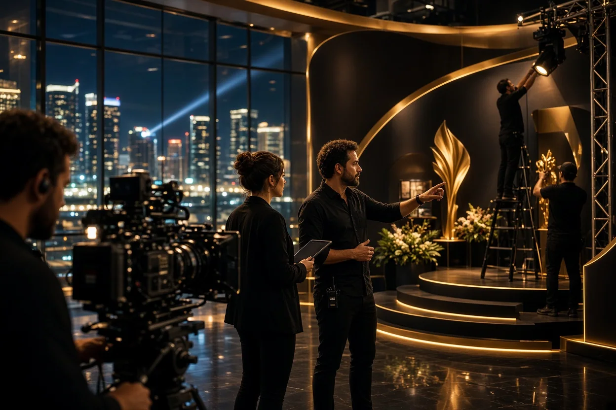 A camera crew records two people beside a lit stage while a technician adjusts overhead lights, with a city skyline beyond the windows.
