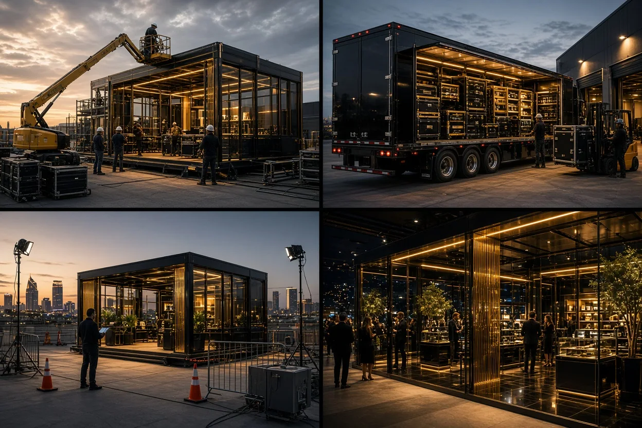 A glass-walled event pavilion is shown being assembled, transported on a trailer, and illuminated at an outdoor evening venue.