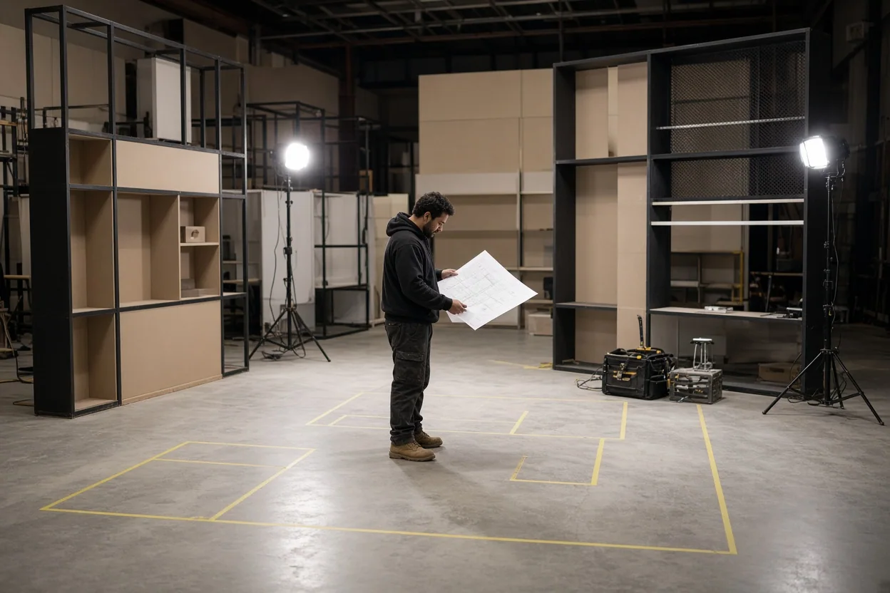 A person studies a large floor plan in a studio surrounded by modular shelving, work lights, equipment cases, and taped floor markings.