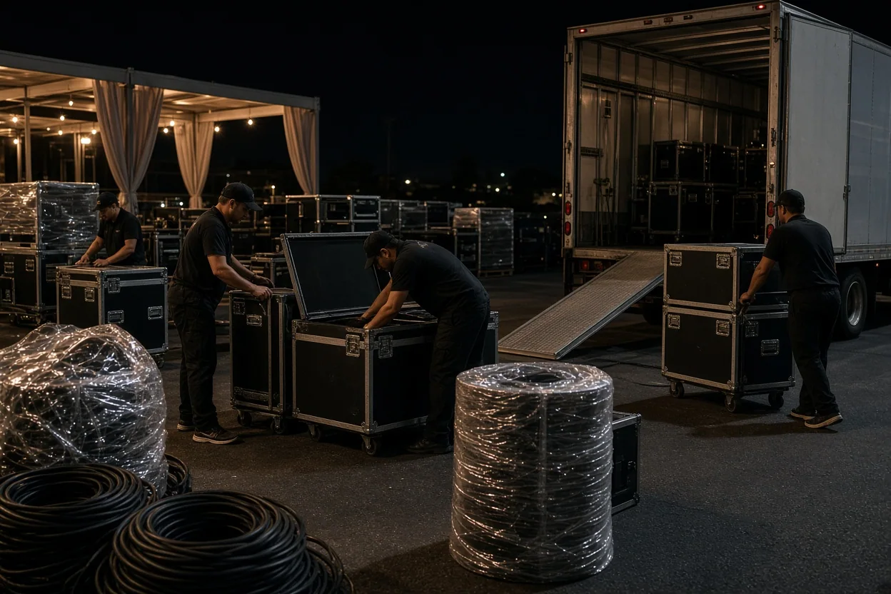 Workers load equipment cases into an open truck at night, with coiled cables and a lit event tent in the background.