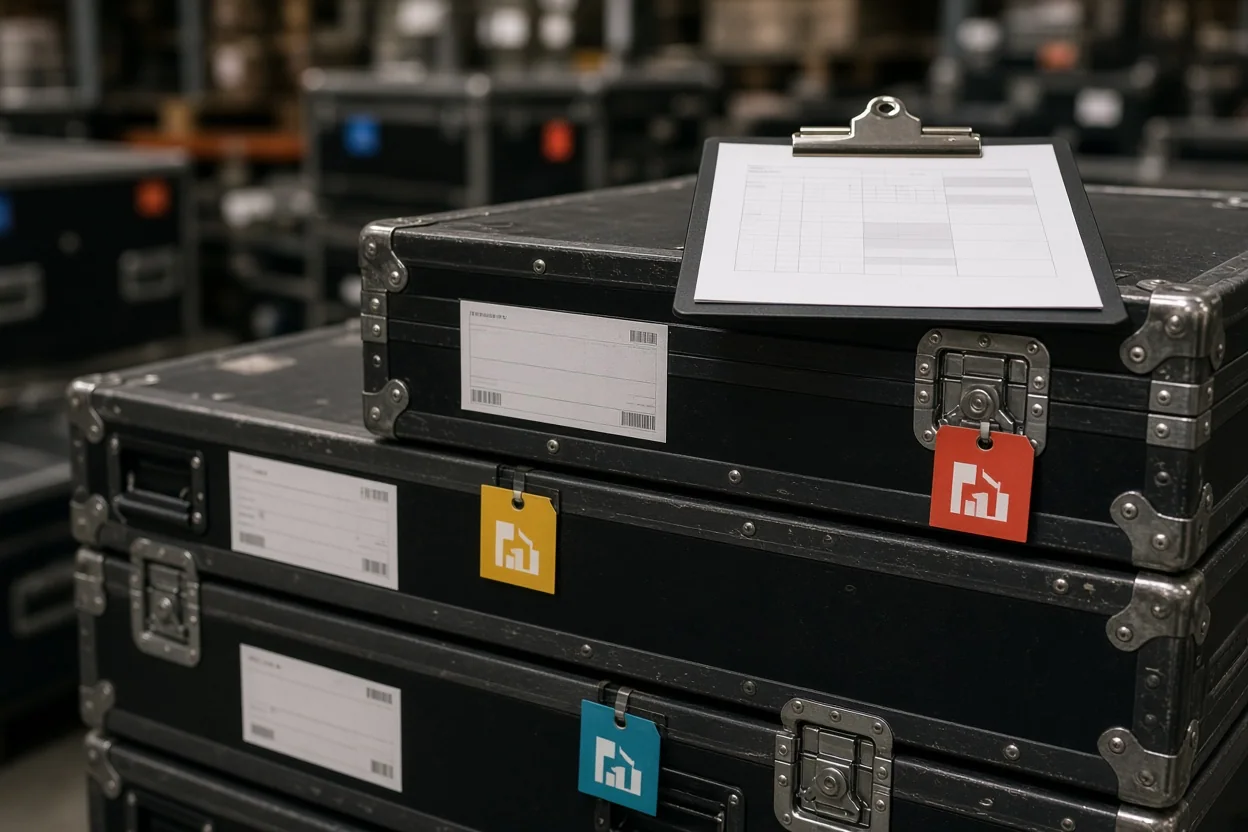 Stacked black equipment cases bear shipping labels and colored market tags, with a packing manifest resting on top.