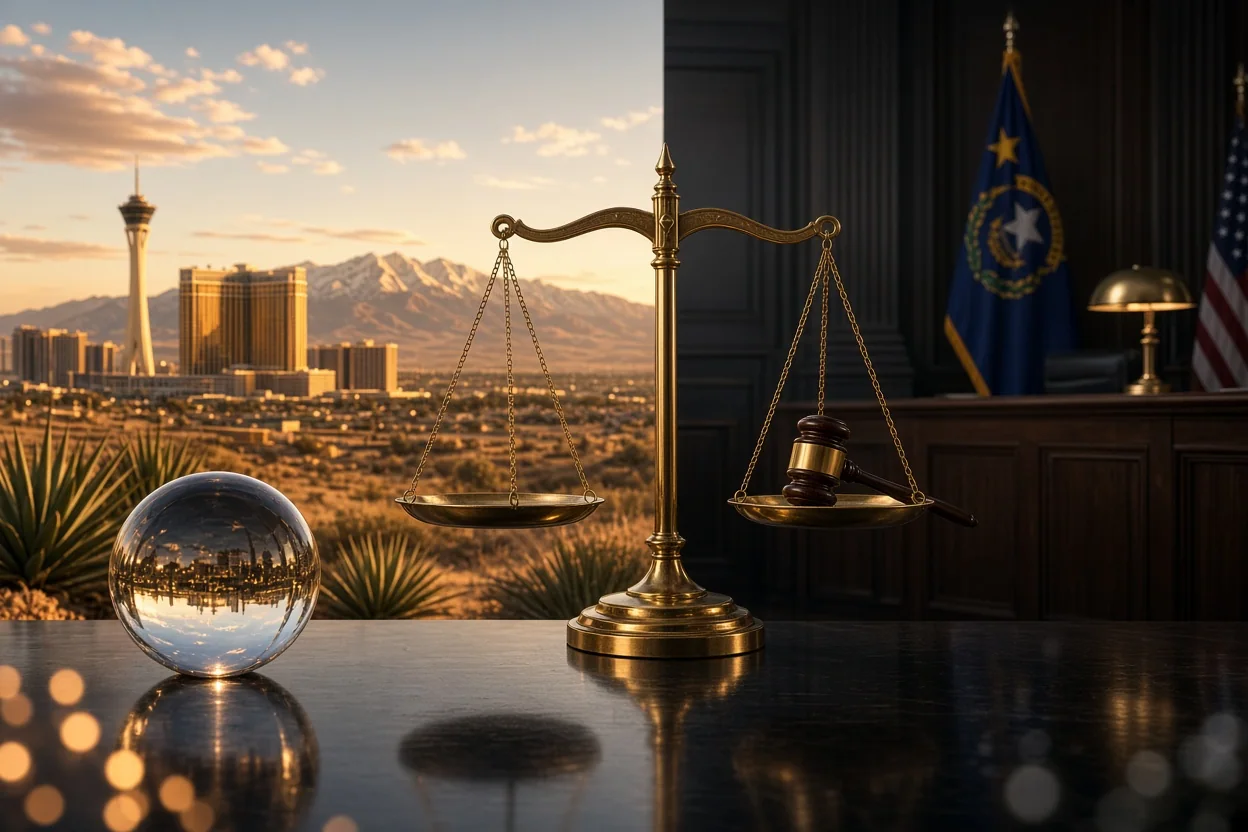 Brass balance scales sit on a reflective desk between a sunlit desert city skyline and a dark courtroom with a flag.