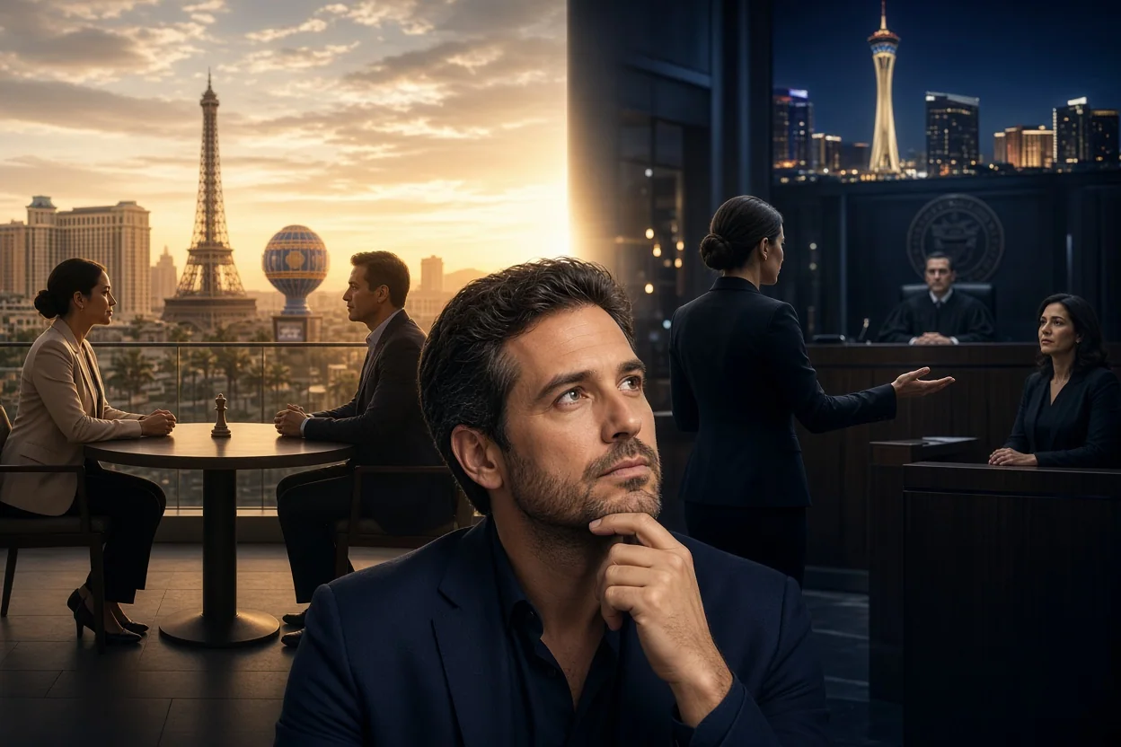 A thoughtful man rests his chin on his hand before split scenes of professional discussions in Paris and Las Vegas.