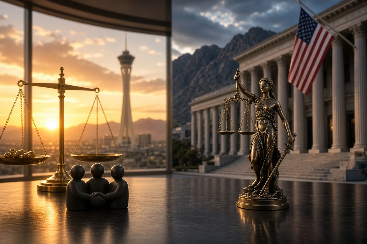Scales of justice and three seated figures overlook a reflective floor beside Lady Justice outside a courthouse with an American flag.