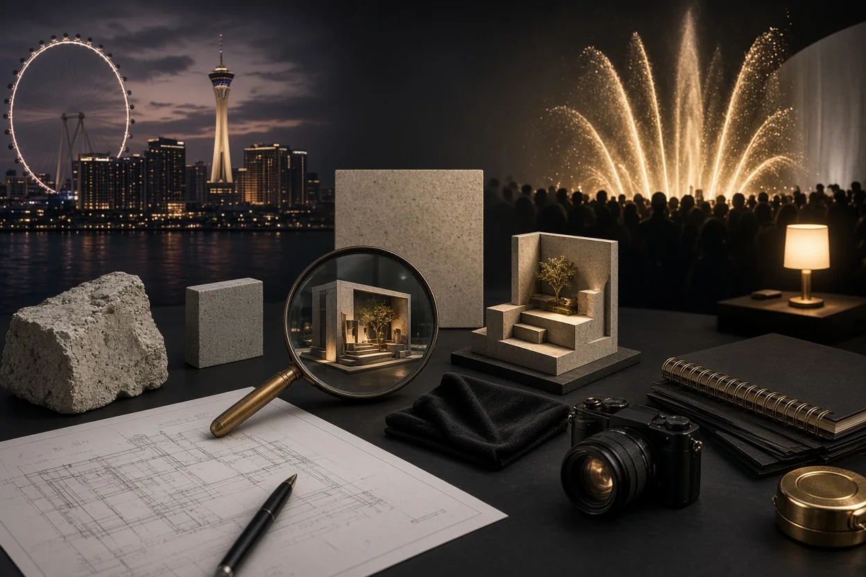 Architectural plans, a camera, magnifying glass, and miniature room models sit on a desk overlooking a lit waterfront skyline and fountains.