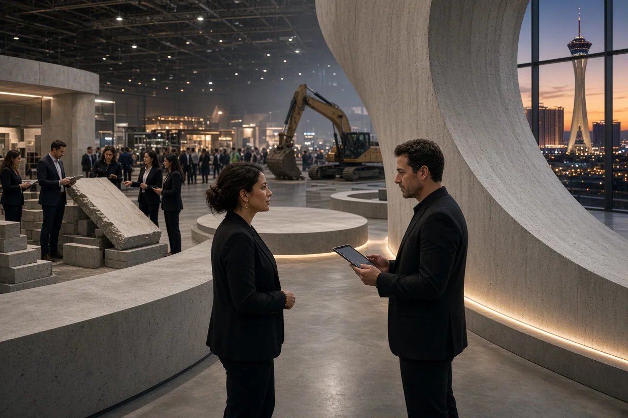 Two professionals converse beside a curved concrete structure as an excavator and visitors occupy the event hall, with a skyline visible outside.