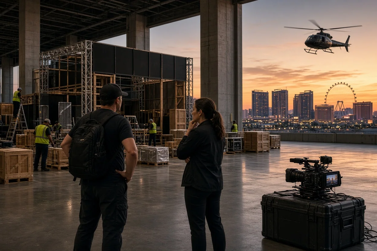 Two production crew members observe a construction site beside a river as a helicopter flies overhead and a camera rests on equipment cases.