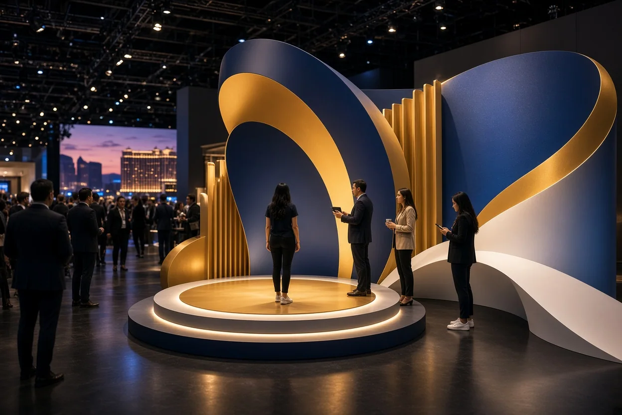 Visitors gather around a large blue-and-gold abstract sculpture on a circular platform inside a busy convention hall.