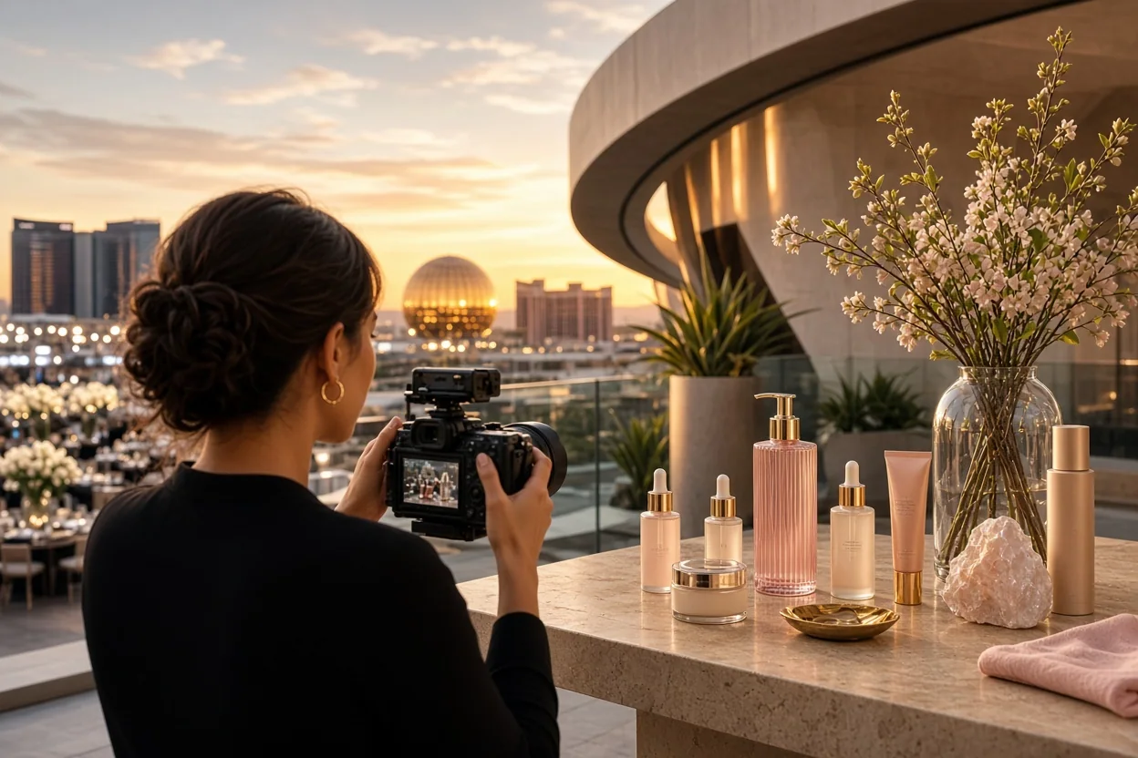 A woman films skincare bottles and flowers arranged on a balcony overlooking a city skyline at sunset.