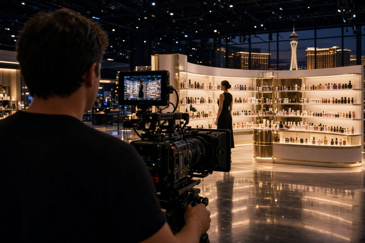 A camera operator films a woman standing among illuminated cosmetic shelves in a polished showroom.