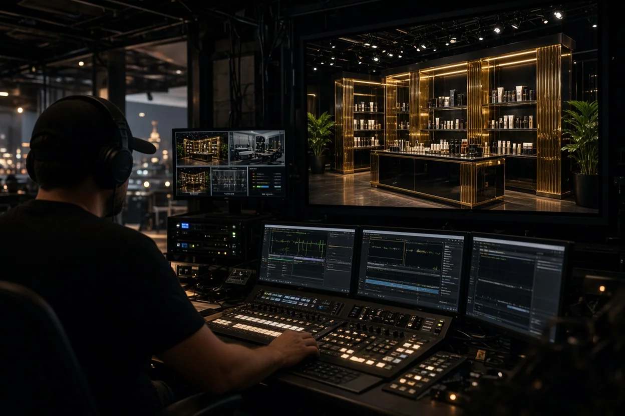 A production operator works at a control console while monitors display a warmly lit bar set in a studio.
