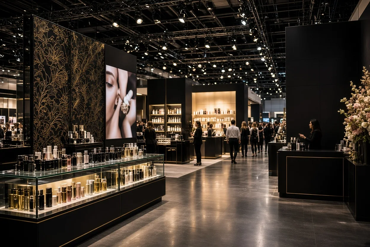 A spacious cosmetics exhibition features illuminated product displays, floral decor, and attendees browsing booths beneath a ceiling of spotlights.