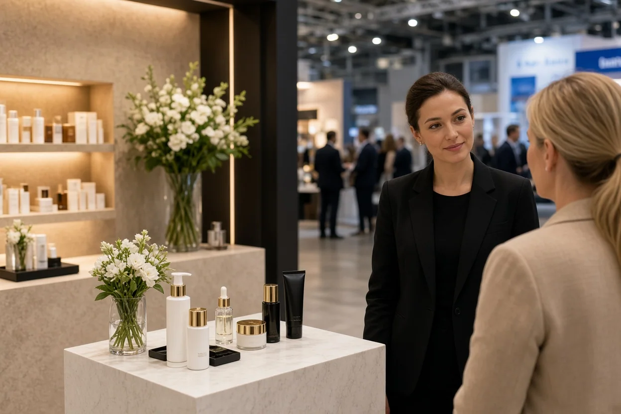 Two women discuss skincare products at a cosmetics trade-show booth beside a counter displaying bottles and floral arrangements.