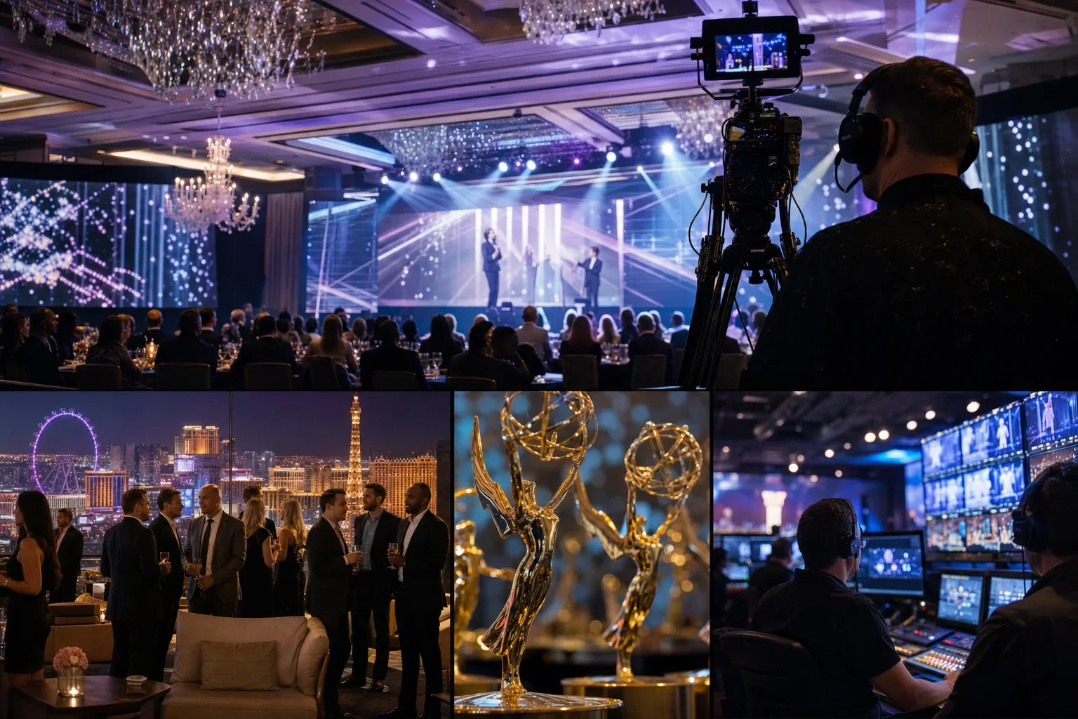 A gala event features a camera operator filming a stage performance, formally dressed guests, city views, golden trophies, and production equipment.