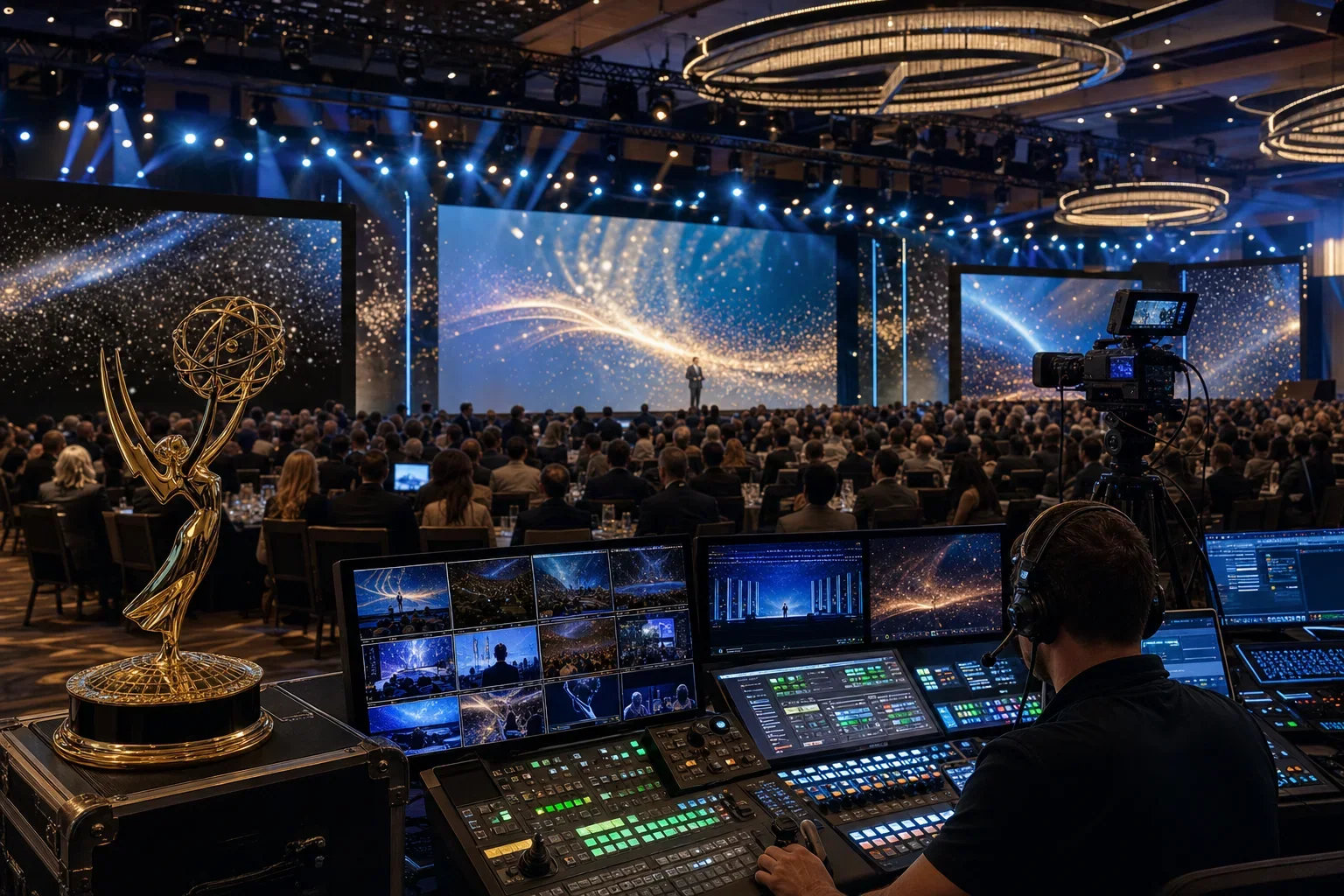 A broadcast operator manages a live event from a production console, with an Emmy statuette and audience-filled stage visible beyond.