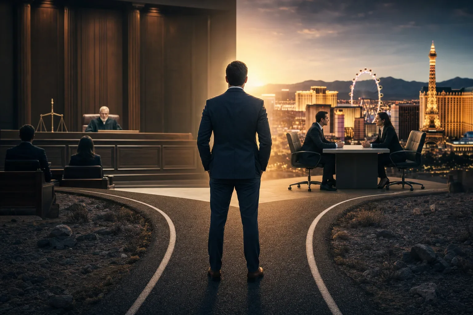 A man in a suit stands at a forked road between a courtroom and an office, facing a glowing city skyline.