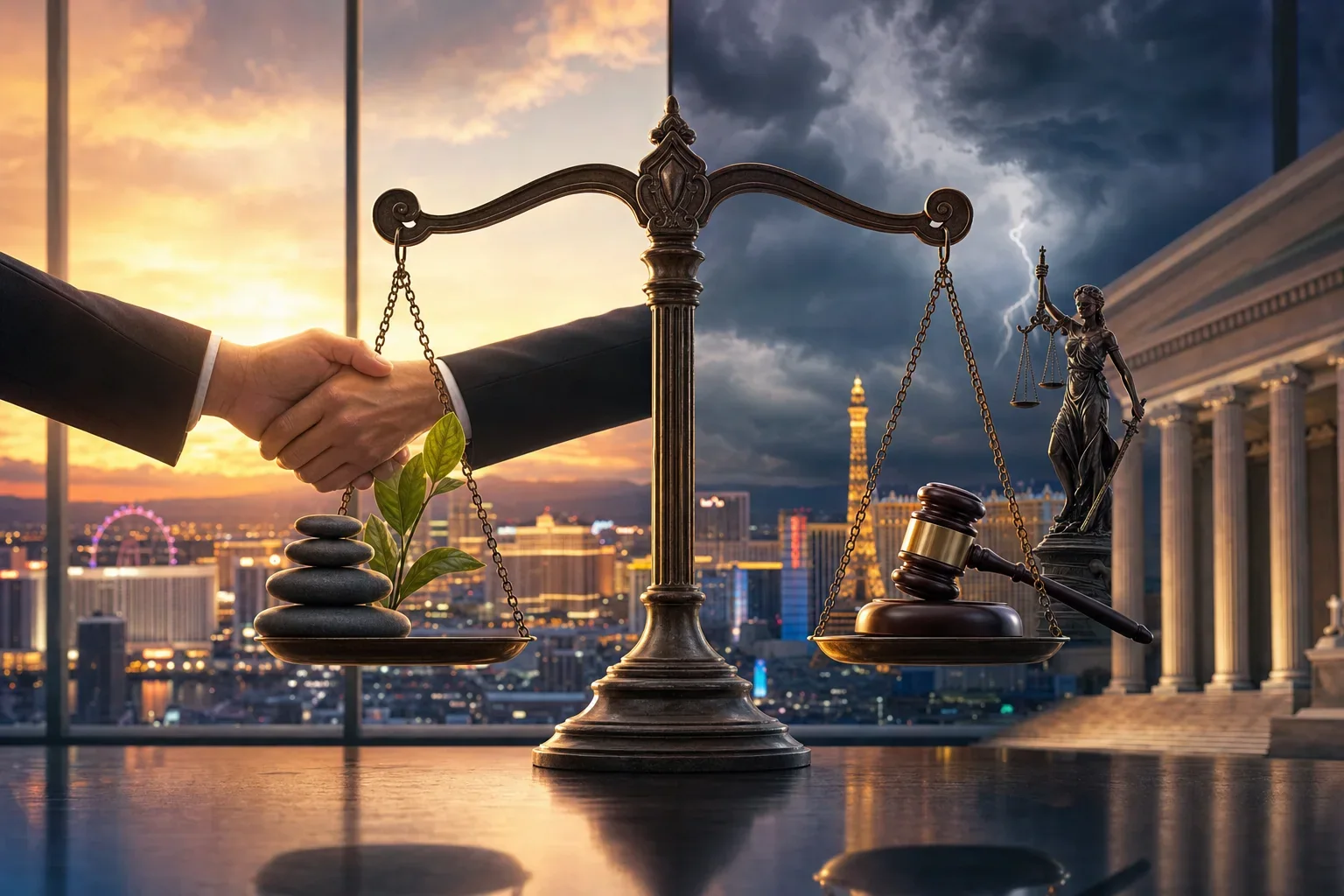 A balanced justice scale separates a handshake and stacked stones from a gavel and courthouse, with a city skyline beyond.