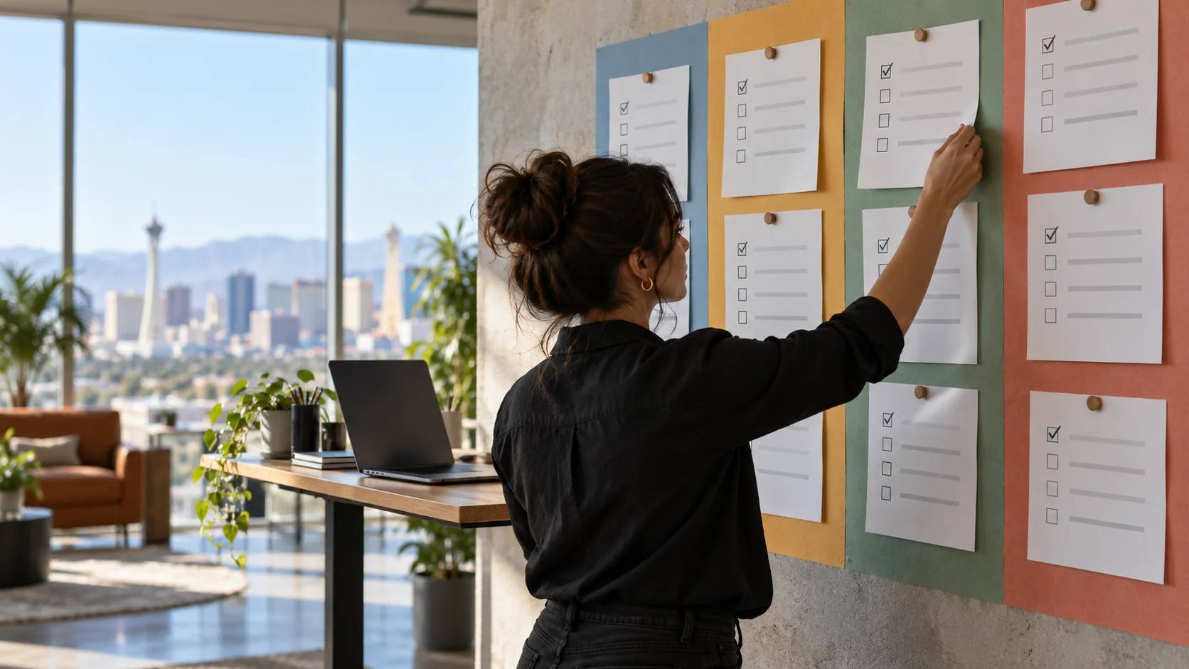 A marketing operations wall of printed task checklists in four colored columns, most items still waiting
