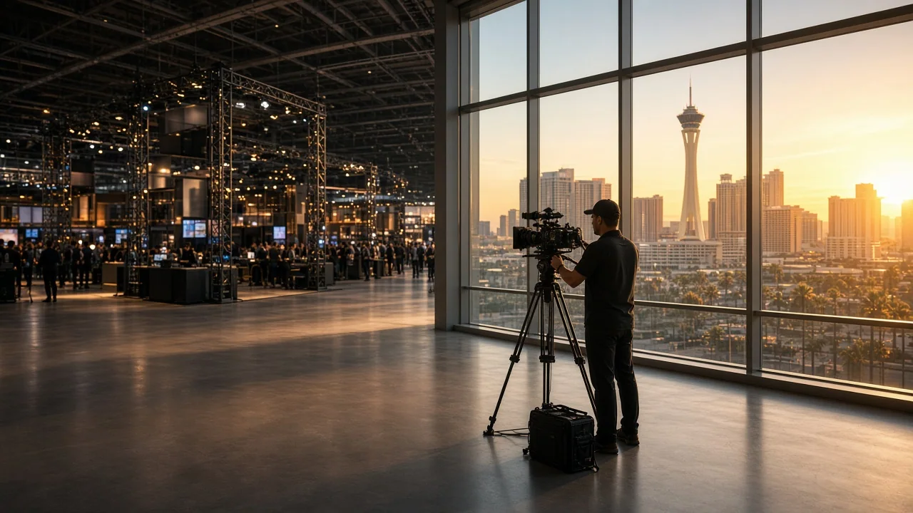 Las Vegas event video marketing solutions, professional videographer filming at a trade show floor with large expo booths, cinematic lighting, photore