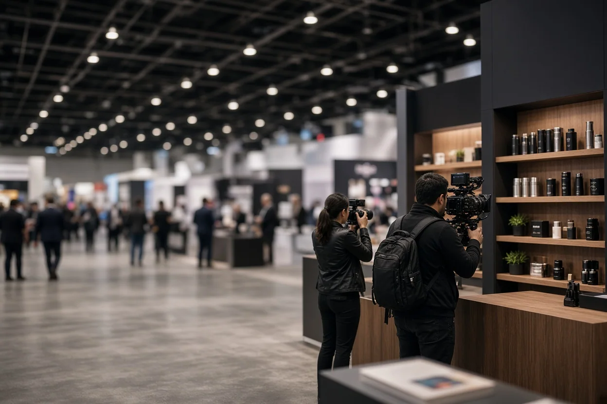 Custom content creation for PPAI Expo trade show, professional videographer and photographer capturing branded promotional products booth, cinematic t