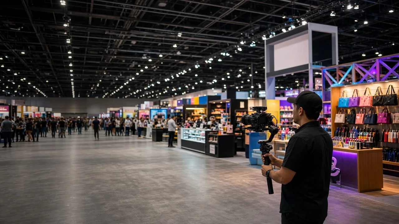Professional video production crew filming at the PPAI Expo promotional products trade show, cinema camera operator with gimbal stabilizer, large Las