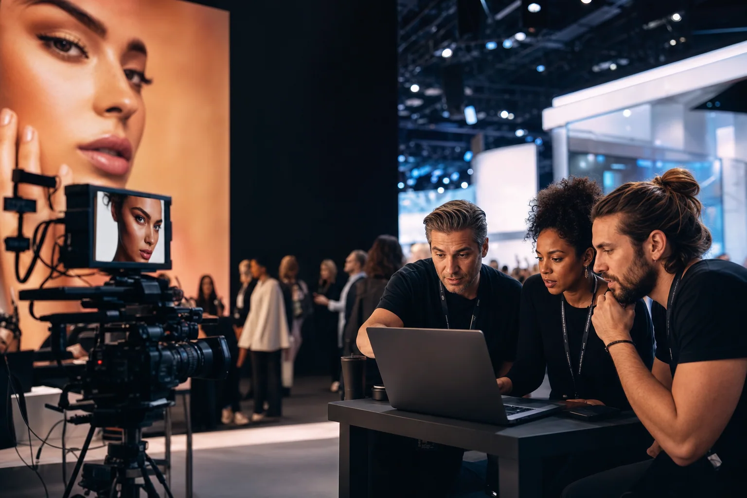 Professional video production team reviewing footage on a laptop at a beauty industry trade show booth in Las Vegas, cinematic lighting, cameras and m