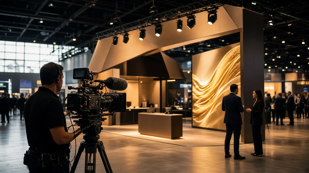 Professional trade show expo booth at a large convention center, dynamic video production crew filming a branded exhibit, camera operators with broadc